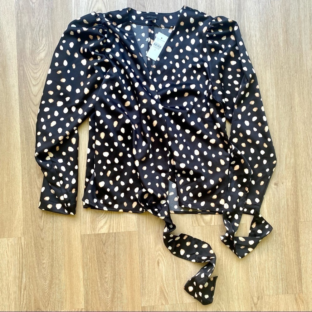 Ann Taylor Black & White Polka Dot Wrap Blouse - Puff Sleeves, Long Tie